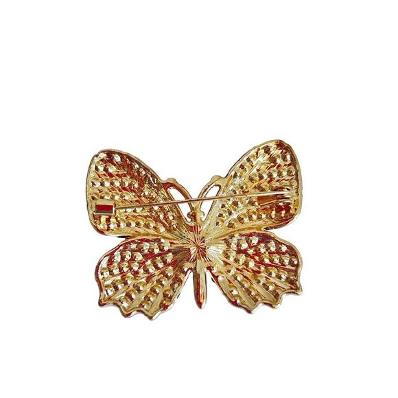 Bright Crystal Butterfly Brooch Pin Blue Yellow Red Goldtone Setting 1 7/8" - Picture 6 of 6